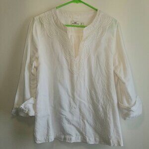 Vinyard Vines white bead embroidered long sleeve tunic L linen blend